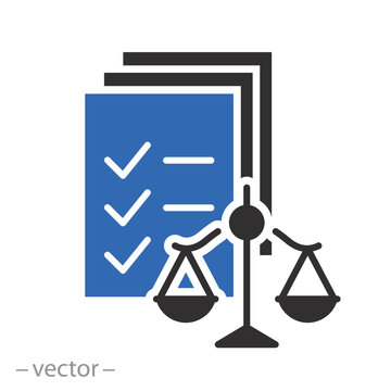 business rules policy, compliance icon, documents with scales, flat vector illustration