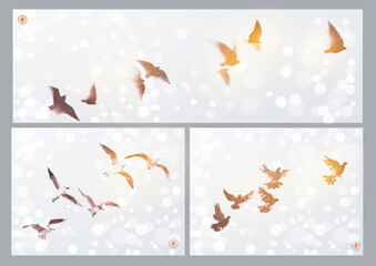 Set of three ink wash paintings of various birds in flight on white shimmering background. Traditional oriental ink painting sumi-e, u-sin, go-hua. Hieroglyph - happiness.