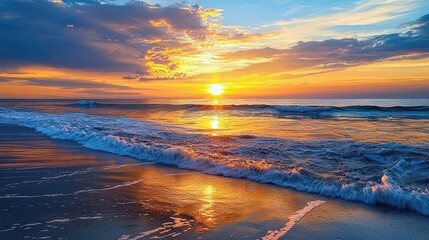 Fototapeta premium Serene ocean sunset with vibrant orange and blue hues reflecting on calm waves
