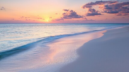 Fototapeta premium Serene sunrise beachscape with calm waves and pastel sky reflection