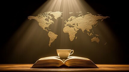 World map coffee book still life