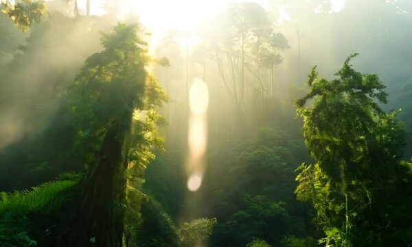 Lush tropical forest with sunlight filtering through trees in the morning