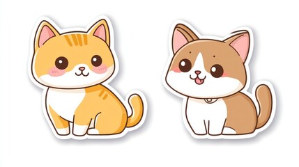 Obraz premium Two cute cartoon kittens sitting, white background, children's illustration, for greeting cards