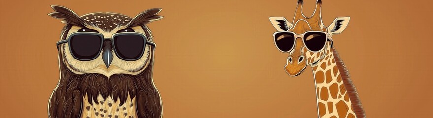 Stylish owl and giraffe illustration with sunglasses on brown background