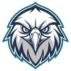 Stylized Fierce Eagle Head with Blue Outline and Stern Expression on White background