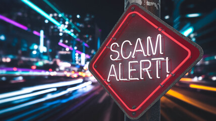 Red diamond-shaped neon sign displaying "Scam Alert!" against a blurred city night background, conveying a warning and cautionary message about online fraud