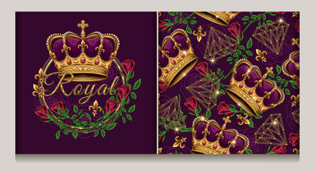 Seamless pattern, circular label with golden imperial crown, red roses, fleur de lis sign. Detailed illustrations in luxury kitsch vintage style. © OA_Creation