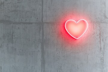 minimalistic stock photo of glowing neon sign in shape of heart mounted on textured concrete wall