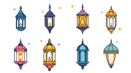 Colorful lanterns, Islamic festival, celebration, white background, holiday decoration