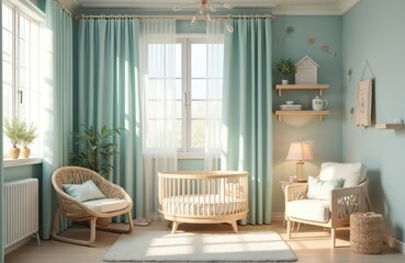 Cozy nursery room in pastel colors. Bright room features natural light, wooden furniture, soft textiles, cozy baby bed, armchair. Interior design for infant with curtains window decor.