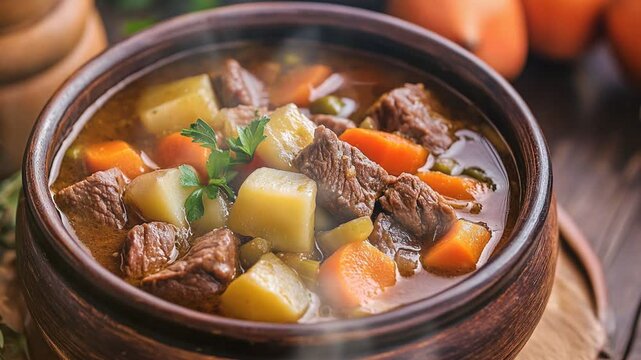 Vegetable soup called sopa de res beef with smoke around