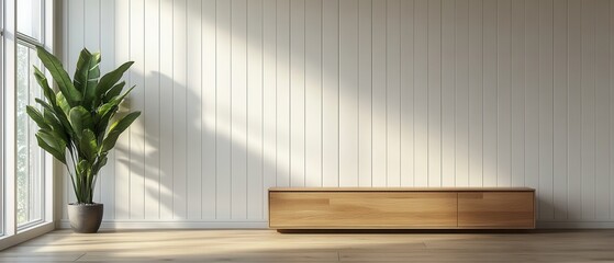 Serene interior with sunlight streaming through window illuminating plant and wooden cabinet against panel wall