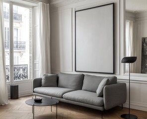 Fototapeta premium Modern living room interior with grey sofa, large frame, and Parisian window view.