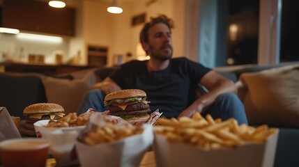 Man enjoying fast food while sitting on a couch in a cozy living room  