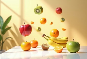 colorful assortment fruits levitating above clean white table artistic display, banana, orange, kiwi, grape, berry, pear, peach, mango, melon, tangerine
