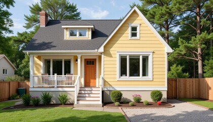 Charming small family house with bright siding and cozy backyard, home comfort