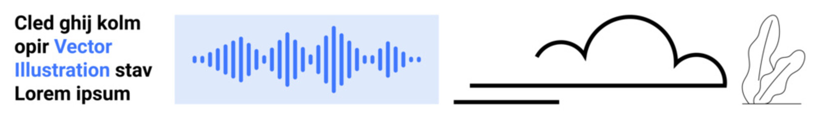 Blue audio waveform next to abstract lines, simple cloud, plant outline, and placeholder text. Ideal for technology, sound design, nature, branding, education simplicity or a modern landing page