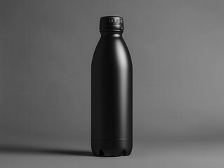 Sleek black reusable bottle on gray backdrop studio shot minimal design sustainable hydration concept