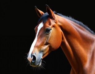 Obraz premium Detailed portrait of brown horse head. Black background. Equine beauty, elegant look. Horse face, eye, nose, mane. Stud farm, animal husbandry. Equestrian sport themes.