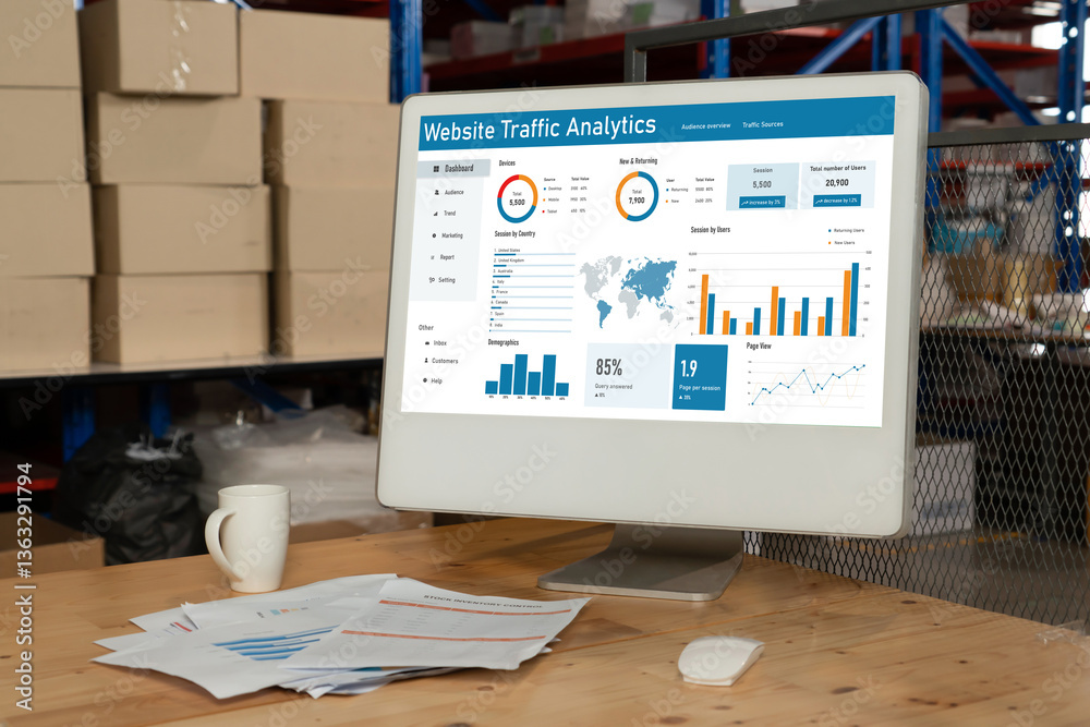 Poster computer software for website traffic analytics data on computer screen. concept of seo search engin
