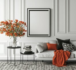 Modern living room interior with orange flowers, white sofa, and black accents.