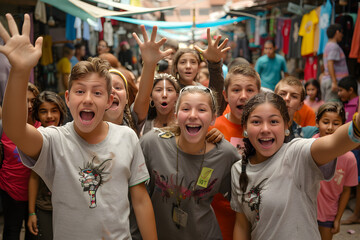 Ecstatic Youth Group Embarking on an Enriching Mission Trip in a Vibrant Foreign Marketplace