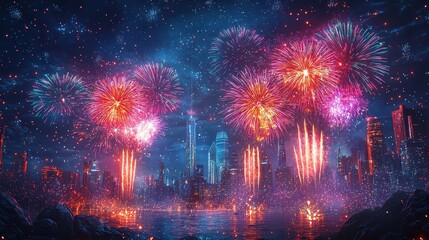 Vibrant fireworks display over city skyline at night with water reflections