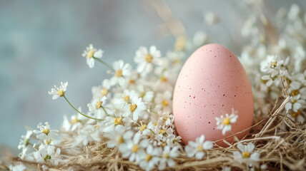 Obraz premium Pink egg in a nest surrounded by daisies.
