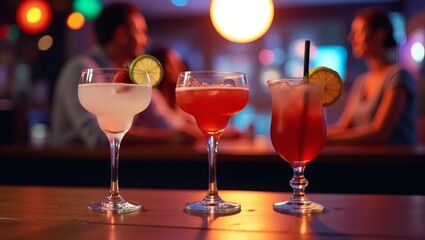 Three cocktails on a bar counter in a social bar