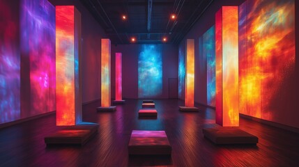 Vibrant illuminated pillars in a modern art installation with red, blue, and orange colors