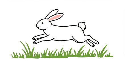 Fototapeta premium White rabbit jumping in grassy field 