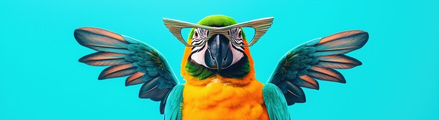 Vibrant parrot with stylish sunglasses on turquoise background