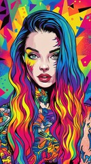 Vibrant pop art portrait of tattooed woman with colorful hair and geometric background