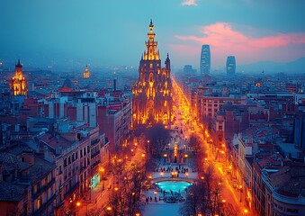 Obraz premium Cityscape at Twilight, Urban Streets, Sunset