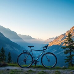 Fototapeta premium A lone bicycle rests against a majestic mountain vista, spring, road, bicycle