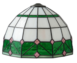 Stained glass lampshade with geometric green, white, and pink design on a white