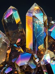 Vivid multicolored crystal formations with prismatic light reflections
