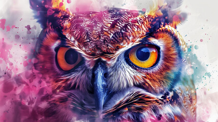 Abstract animal Owl portrait with colorful double exposure paint 