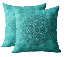 Set of teal decorative throw pillows with intricate mandala design and hexagonal tile pattern on a white background