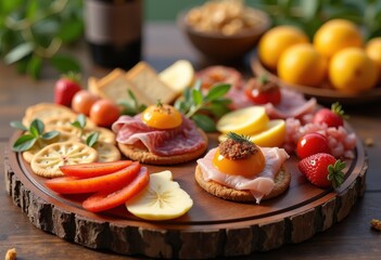 colorful snack assortment wooden charcuterie board delicious treats presentation variety bites appetizer spread, fruit, cheese, nut, cracker, jam, honey