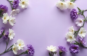 Top view of vibrant white and purple flowers on purple paper background. Floral design template for greeting card, invitation. Minimalist spring nature concept. Perfect for mothers day card.