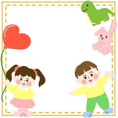 A cute and colorful frame illustration featuring a girl with a heart-shaped balloon, a boy holding a toy airplane, and plush toy characters like a dinosaur and a bunny. Perfect for children’s letters,