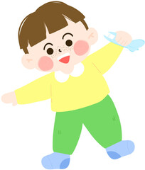 A cute illustration of a little boy holding a toy airplane. With freckles, rosy cheeks, and a big smile, this character is perfect for preschool materials, children’s content, activity sheets, and edu