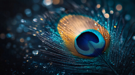 Fototapeta premium Single elegant peacock feather signature eye pattern with shimmering details on a turquoise background with vibrant, detailed textures, сlose-up.