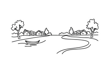 Serene Lakeside Village Scene Boat, Trees, Houses, Riverbank