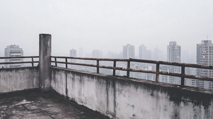 Fototapeta premium City Buildings From a Rooftop View with Concrete Wall in Fog