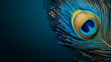 Obraz premium Single elegant peacock feather signature eye pattern with shimmering details on a turquoise background with vibrant, detailed textures, сlose-up.