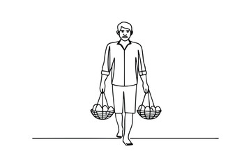 Farmer Carrying Baskets of Fruit Line Art Illustration