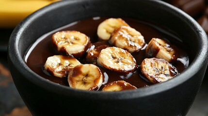 A gourmet banana and chocolate fondue scene, featuring caramelized banana slices ready to be dipped in silky chocolate