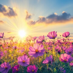 Fototapeta premium Vibrant Cosmos Flowers Blooming in a Field at Golden Hour with Sun Rays Shining Through Clouds Creating a Peaceful Atmosphere